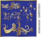 This image showcases a beautiful, intricate design featuring gold floral patterns, birds, and butterflies on a deep blue background.
