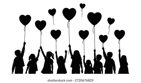 Esta Imagen muestra un hermoso estilo de silueta de personas que lanzan globos en forma de corazón.