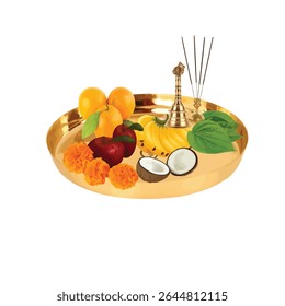  Esta imagem mostra um lindamente organizado Hindu Puja Thali, carregado com tradicionais oferendas usadas em cerimônias religiosas