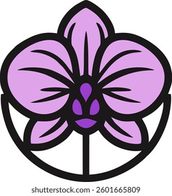 This image showcases a beautifully designed orchid flower logo with a modern and minimalist approach. The orchid is depicted in soft shades of purple with bold black outlines, enhancing its intricate