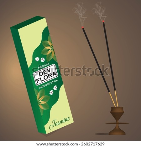 This image showcases a beautifully designed incense stick box labeled "Dev Flora" with a jasmine fragrance, accompanied by two burning incense sticks emitting fragrant smoke.