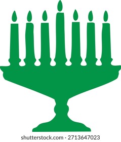 Esta Imagen muestra una menorá bellamente representada, con nueve velas encendidas, presentadas como una silueta verde sólida. El estilo verde claramente plano ofrece una estética moderna y limpia.