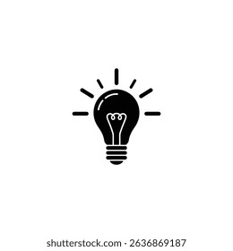 This image showcases a black light bulb icon with a visible filament inside the bulb and light beams radiating outwards from the light source on white background.