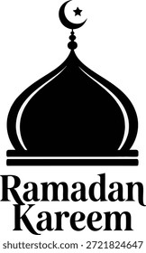 esta imagem mostra uma cúpula negra da mesquita, uma lua crescente, uma estrela, e o texto 'ramadan kareem', simbolizando a fé islâmica e o santo