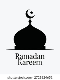 Esta Imagen muestra una cúpula de una mezquita negra con una estrella y una media luna, acompañada del tradicional saludo "ramadan kareem", que simboliza el mes sagrado.