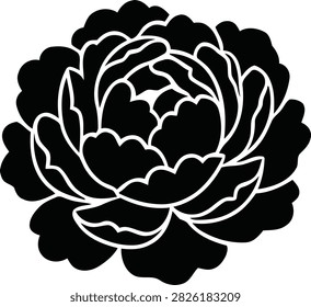 This image showcases a black peony silhouette with layered petals presented as a vector illustration on a white background.
