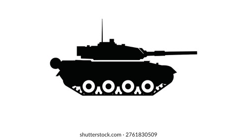 This image showcases a black, side-profile silhouette of a heavily armored tank, highlighting its prominent cannon, tracks, and overall formidable structure. high-quality professional