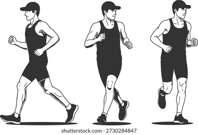 This image showcases a black and white illustration of a man running in different poses, highlighting various stages of the running motion. The man is depicted wearing a tank top, shorts, and a cap, emphasizing a fitness and exercise theme.