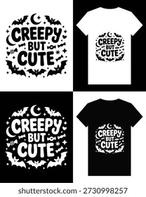 Esta imagem mostra um design de t-shirt preto e branco com elementos de halloween brincalhões com uma mensagem 'assustadora, mas fofa'.