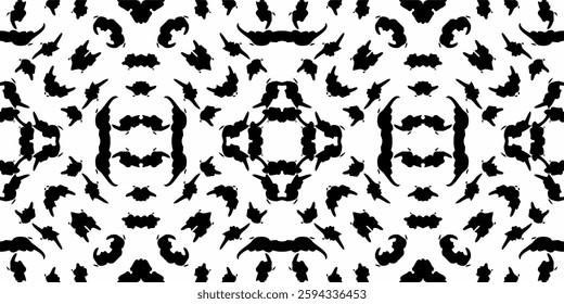 This image showcases a black-and-white abstract pattern with symmetrical and mirrored inkblot-style shapes.