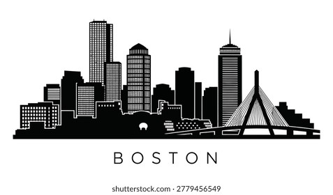 This image showcases a bold, black silhouette of Boston’s skyline, capturing the city's prominent buildings, including the Prudential Tower and Zakim Bridge.