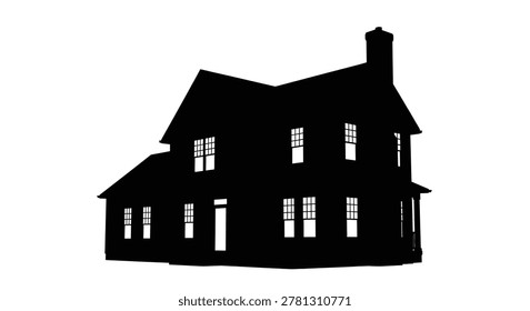 This image showcases a bold, black silhouette of a two-story house, featuring a prominent chimney and evenly spaced rectangular windows, offering a stark visual impact.