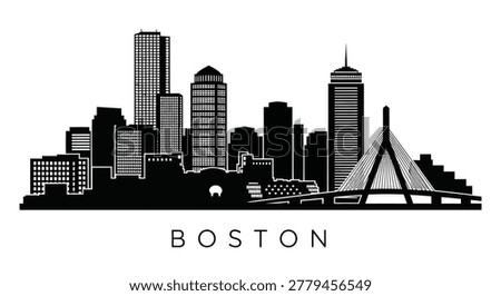 This image showcases a bold, black silhouette of Boston’s skyline, capturing the city's prominent buildings, including the Prudential Tower and Zakim Bridge.