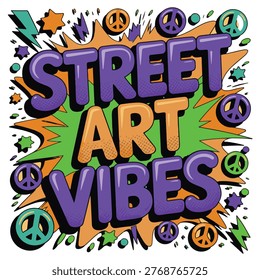 This image showcases a bold and dynamic design centered around the phrase 'street art vibes'. The text is stylized with a mix of vibrant colors including purple, green, and yellow, set against a backdrop of various abstract shapes and symbols like peace signs, dollar signs, and musical notes. The overall feel is energetic and celebratory, emphasizing creativity and urban culture.