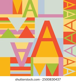 This image showcases a bold, geometric pattern with large overlapping letters and triangles in a retro palette of orange, green, yellow, and pink, creating a vibrant and playful abstract design.