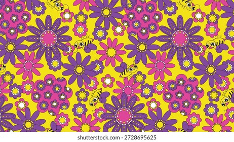 Esta Imagen muestra un audaz patrón sin fisuras de Grandes flores púrpuras estilizadas con centros de color rosa brillante y alegres abejas amarillas sobre un fondo amarillo vívido, que irradia energía de arte pop retro.