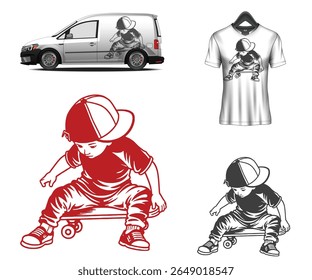 This image showcases a boy on a skateboard design, featured on a van and a t-shirt mockup.