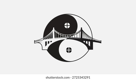This image showcases a bridge incorporated into the Yin Yang symbol, representing balance, harmony, and the interconnectedness of seemingly opposite forces. The design uses a simple black and white