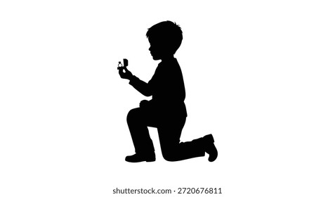 Esta Imagen muestra una silueta cautivadora de un niño, arrodillado con un objeto, utilizando el estilo de la silueta.