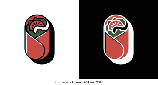 Esta imagem mostra uma ilustração em estilo cartoon de um kebab doner, exibido em fundos brancos e pretos. O kebab apresenta alface visível, tomate e molho.