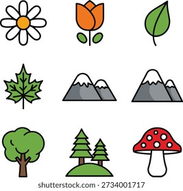 Esta imagem mostra uma encantadora variedade de ilustrações inspiradas na natureza, incluindo uma margarida, tulipa, folha, folha de bordo, montanhas, árvore, floresta e cogumelo. Cada elemento é retratado em um estilo simples, semelhante a um desenho animado, tornando-o visualmente atraente e fácil de entender.