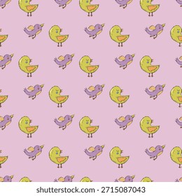 Esta Imagen muestra un patrón encantador y vibrante de pájaros repetidos en una cuadrícula. Los pájaros están representados en un estilo juguetón y caricaturesco, con colores brillantes que incluyen tonos de verde, púrpura y amarillo. Cada pájaro tiene una expresión alegre y se muestra en una pose ligeramente diferente, lo que se suma a la naturaleza dinámica del patrón. El fondo es de un sólido color púrpura claro, que complementa los tonos vívidos de las aves y crea un efecto visual armonioso y agradable.