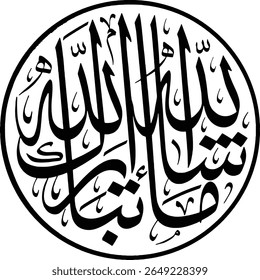 This image showcases a circular Islamic calligraphy artwork. The intricately written Arabic text within the circle is "ما شاء الله" (Mashallah), which translates to "What God has willed" or "God has w