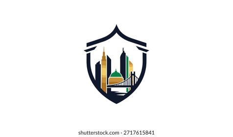 Dieses Bild zeigt eine Skyline einer Stadt, die in einem schirmförmigen Logo eingekapselt ist. Es verfügt über verschiedene architektonische Strukturen, darunter Wolkenkratzer und eine Brücke, die die Stadtentwicklung und