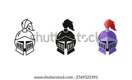 This image showcases a classic knight's helmet complete with a plume, evoking themes of medieval history and chivalry. It offers an outline, a solid black silhouette, and a colorful purple helmet version, ideal for history, gaming, or fantasy designs.