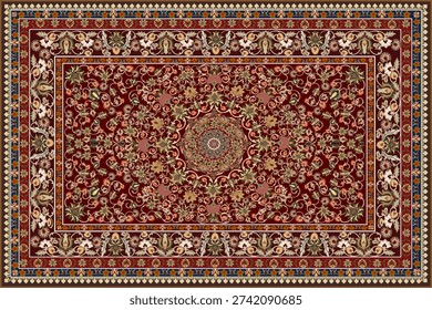 This image showcases a classic Persian-style carpet pattern in soft beige and brown tones. The design features a symmetrical floral arrangement with a central medallion surrounded by elegant vines, blossoms, and ornamental leaves. The border is richly decorated with repeating floral motifs, creating a harmonious and balanced composition. The neutral color palette gives the artwork a warm, vintage, and timeless appearance, suitable for both modern and traditional aesthetics.