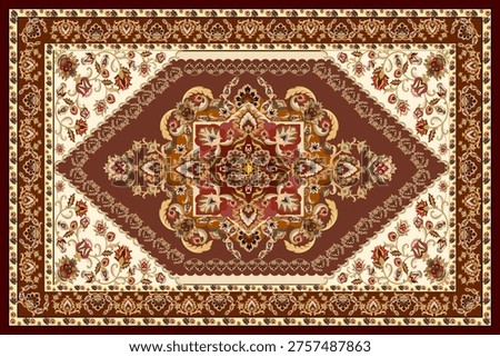 This image showcases a classic Persian-style carpet pattern in soft beige and brown tones. The design features a symmetrical floral arrangement with a central medallion surrounded by elegant vines, blossoms, and ornamental leaves. The border is richly decorated with repeating floral motifs, creating a harmonious and balanced composition. The neutral color palette gives the artwork a warm, vintage, and timeless appearance, suitable for both modern and traditional aesthetics.
