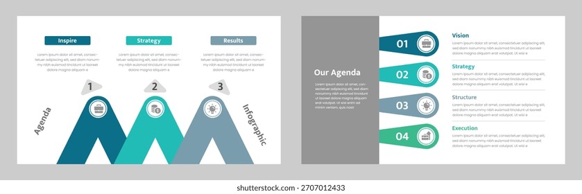 Esta Imagen muestra una infografía limpia y moderna que presenta Elementos de agenda de negocios con inspiración, estrategia, pasos de resultados y visión, estructura y ejecución.