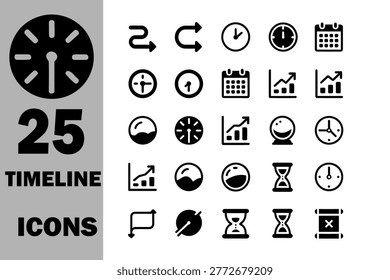 This image showcases a cohesive set of timeline and time-management vector icons arranged in a structured grid layout. The icons are presented in a bold black silhouette style on a clean white background, ensuring strong contrast and easy visibility. The collection visually represents concepts related to time tracking, scheduling, progress flow, and chronological organization through elements such as clocks, calendars, arrows, hourglasses, and growth indicators.

The composition includes a left-side panel highlighting the theme, while the main area displays evenly spaced icons with consistent proportions and smooth shapes. Each symbol is designed with a front-facing perspective and minimal detail, making the set highly adaptable for user interfaces, presentations, and productivity-related designs. This icon set is ideal for illustrating workflows, timelines, planning systems, and business progress in a clear and modern visual forma