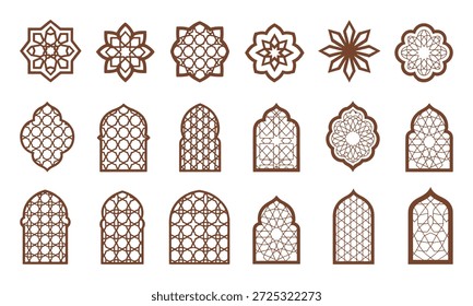 Esta Imagen muestra una colección de 18 intrincados patrones geométricos, cada uno con diseños únicos. Los patrones son simétricos e incluyen una variedad de Formas y formas, como estrellas, flores y arcos. Estos diseños se utilizan comúnmente en las artes arquitectónicas y decorativas, lo que refleja una mezcla de estética tradicional y moderna.
