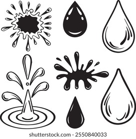 This image showcases a collection of abstract black-and-white icons representing liquid droplets and splashes. 