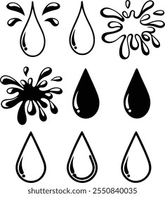 This image showcases a collection of abstract black-and-white icons representing liquid droplets and splashes. 