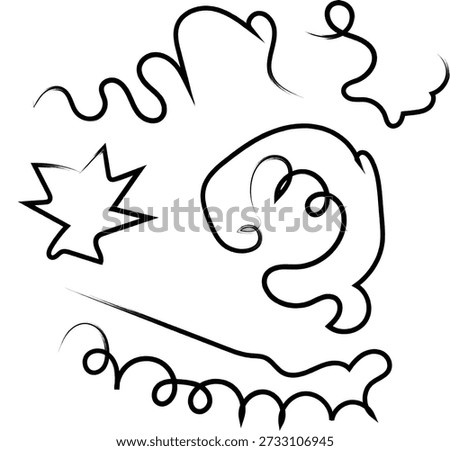 This image showcases a collection of abstract doodle elements, primarily composed of black lines on a white background. The elements include a starburst shape, several variations of wavy lines, and some curled or looped forms. These freehand-drawn elements evoke a sense of spontaneity and creativity, suggesting movement and energy. The simplicity of the black and white palette emphasizes the fluid and organic nature of the drawn lines.