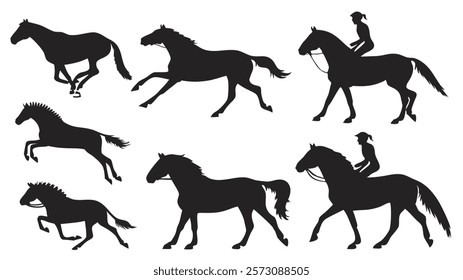 This image showcases a collection of black silhouettes of horses and riders in different actions