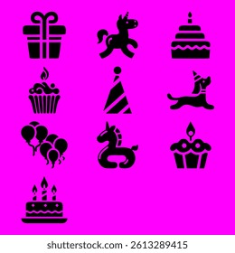 This image showcases a collection of black silhouette icons, perfect for representing a birthday party