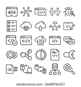 This image showcases a collection of black outline icons related to software development, programming, and web development concepts.