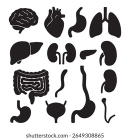 This image showcases a collection of black silhouette illustrations of human internal organs against a plain white background.