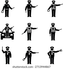 Esta Imagen muestra una colección de iconos vectoriales en blanco y negro que representan varias poses y acciones de los agentes de policía. Cuenta con oficiales uniformados, sosteniendo porras, dirigiendo el tráfico y