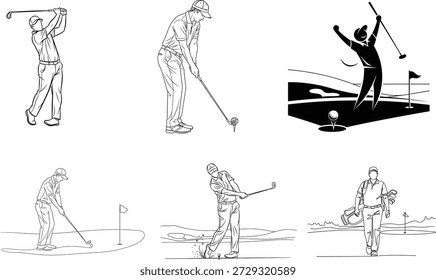 This image showcases a collection of black and white sketches depicting various stages of a golfer's swing, from preparation to follow-through, highlighting different techniques and movements involved in the sport.