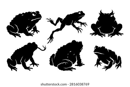 This image showcases a collection of black frog silhouettes in diverse poses, offering a distinctive and striking visual element for design projects.