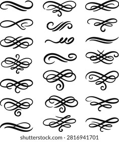 This image showcases a collection of black vector flourishes and swirls arranged on a white background. These ornamental elements are ideal for enhancing various design projects and adding a touch of elegance.