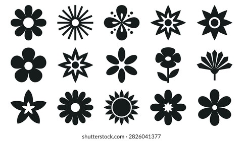 This image showcases a collection of black floral silhouettes, each with unique petal arrangements, presented on a clean white background for versatile design applications.