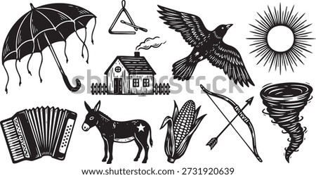 This image showcases a collection of black and white illustrations, including a crow, umbrella, donkey, house, and storm. The style is reminiscent of vintage engravings or etchings, creating a rustic aesthetic.