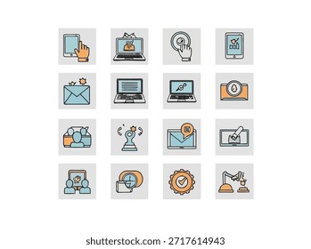 This image showcases a collection of business and technology icons symbolizing modern workflow. The icons represent various aspects such as digital marketing, communication devices, teamwork, and - Powered by Shutterstock - Get 15% off with code: PIKWIZARD15