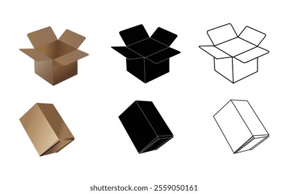 This image showcases a collection of cardboard box illustrations in various styles, including realistic, silhouette, and outline designs. The top row features open cardboard boxes, 