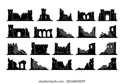 This image showcases a collection of castle ruins depicted as black silhouettes, offering a variety of architectural designs and a distinctive silhouette style.